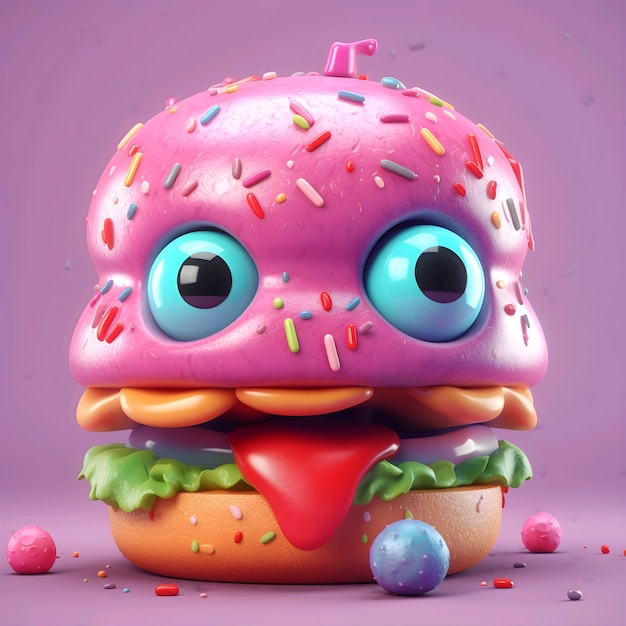 Visage drôle d'un hamburger avec des yeux et du glaçage rose Illustration générative de l'IA