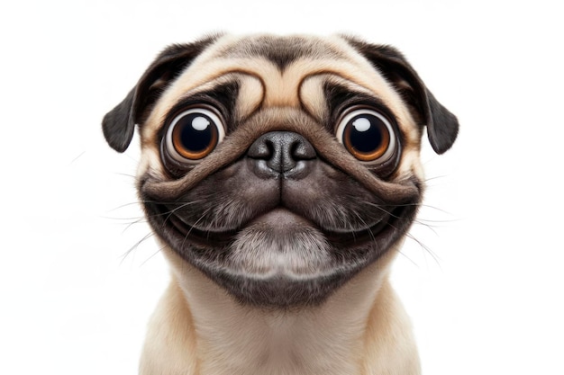 Le visage drôle d'un pug surpris avec de grands yeux pris à grand angle isolé sur un fond blanc ai génératif