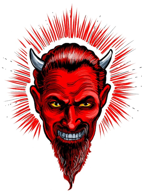 Visage du diable Encre dessinée à la main sur papier et colorée à la main sur tablette