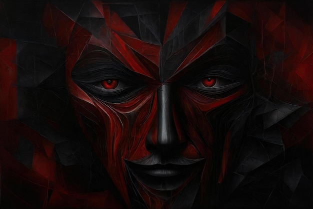 Le visage du diable avec des yeux rouges et un fond noir