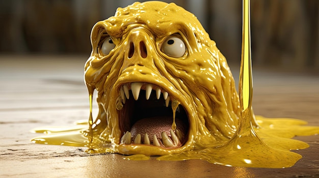 Photo un visage écarquillé jaune avec une bouche pleine de liquide.