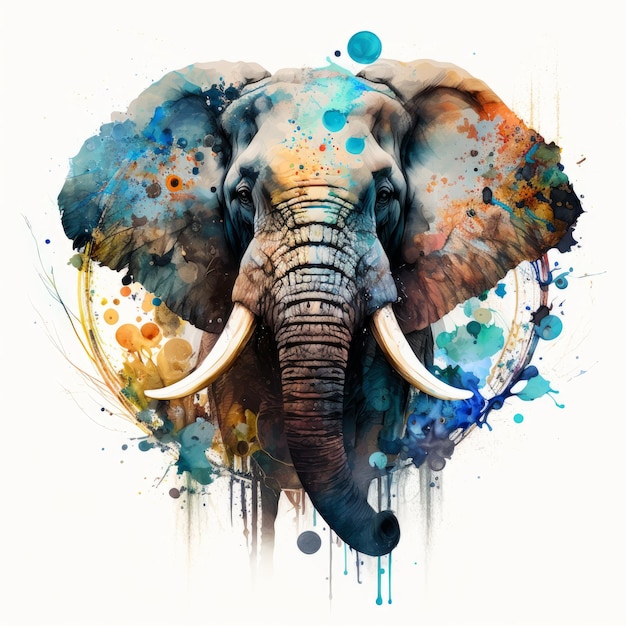Visage d'éléphant coloré sur fond blanc AI générative