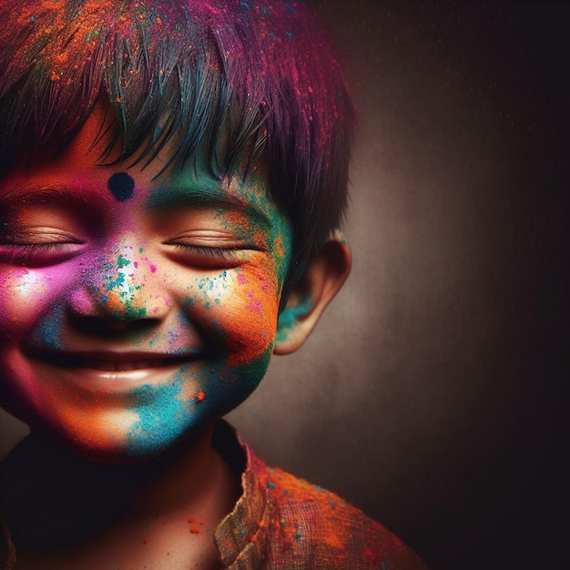 Le visage de l'enfant avec les couleurs de Holi l'enfant célébrant le festival de Holi le visage souriant avec les couleurs de Holi