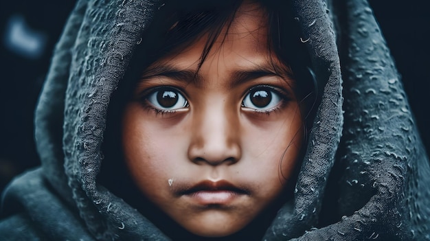 Un visage d'enfant avec une écharpe noire et une capuche noire.