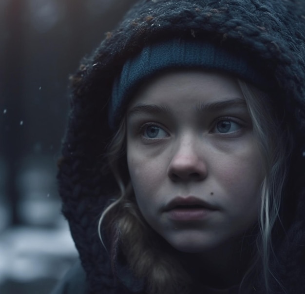 Visage d'enfant et enfant triste dans le stress de la ville avec dépression, anxiété et négligence dans la neige froide de l'hiver