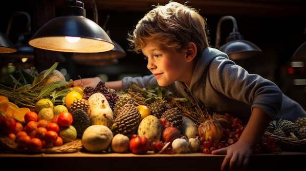 Photo le visage d'un enfant s'illumine alors qu'ils choisissent un morceau de fruit mûr d'un stand de marché capturant la