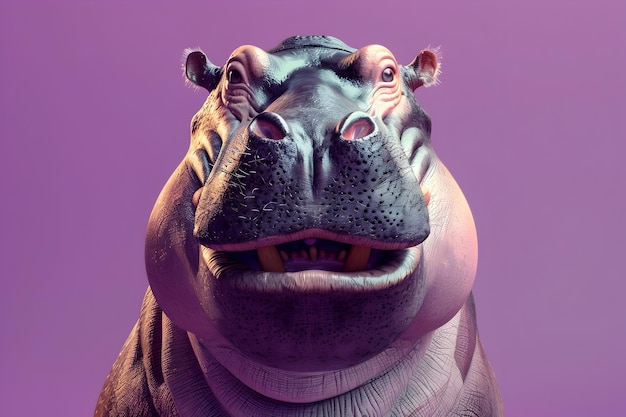 Le visage expressif d'un hippopotame jovial Un portrait 3D hyperréaliste sur un fond violet vibrant