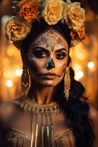 Visage féminin crâne mexicain maquillage dia de los muertos jour du thème mort