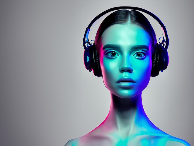 Un visage féminin avec des écouteurs de style néon futuriste