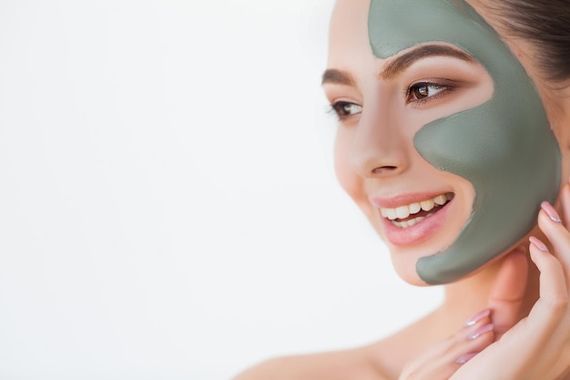 Visage féminin avec une peau parfaite et un masque de spa gris