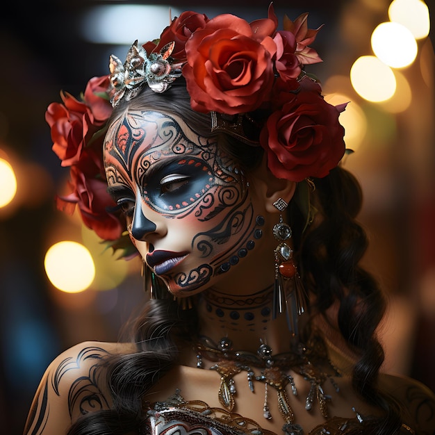 visage féminin peint comme LA CATRINA fleurs rouge foncé éclairage néon coloré