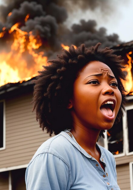 Le visage d'une femme afro-américaine criant sur le fond d'une maison en feu AI générative