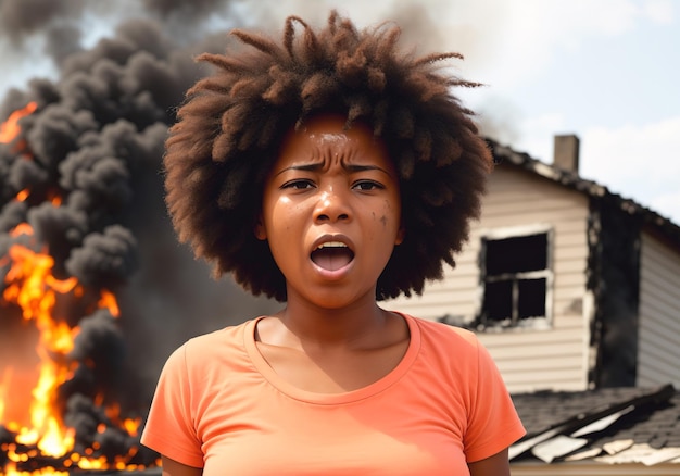 Le visage d'une femme afro-américaine criant sur le fond d'une maison en feu AI générative