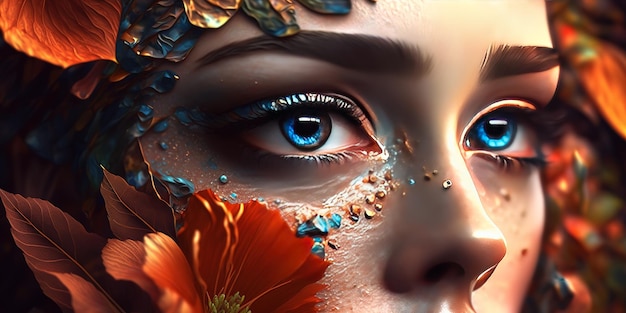 Le visage d'une femme aux yeux bleus et aux fleurs