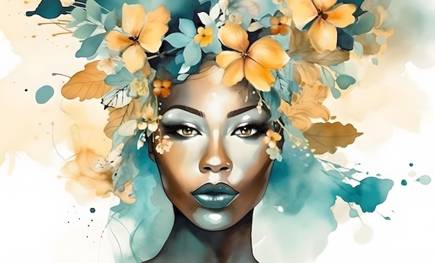 Photo visage de femme de beauté africaine avec des fleurs beige vert aquarelle abstraite splash illustration de mode pour la bannière ai générative