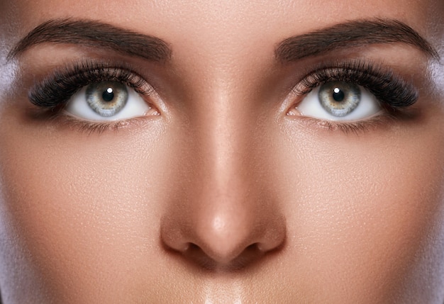 Visage de femme avec de beaux sourcils et des cils artificiels