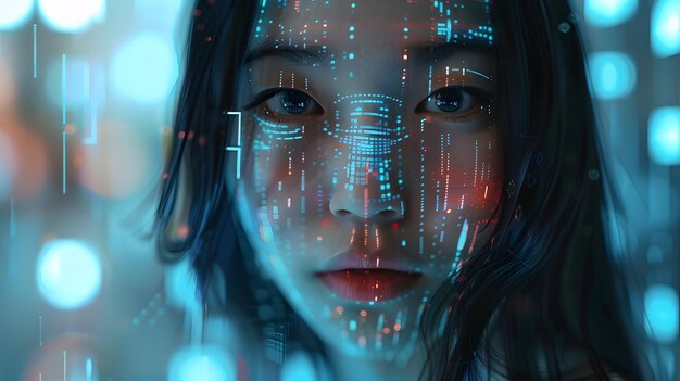 Visage de femme avec des chiffres numériques de matrice intelligence artificielle ai thème avec un visage humain