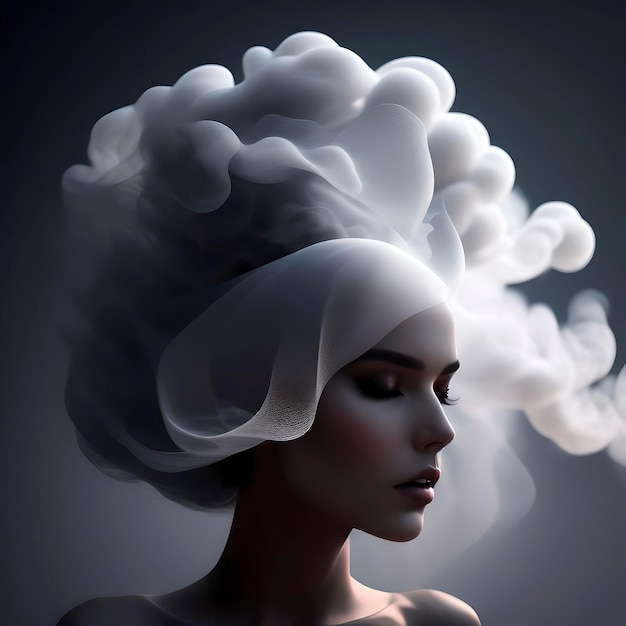 Visage de femme couvert de fumée sur fond gris