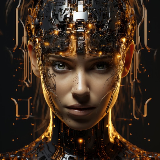 le visage d'une femme dans un costume futuriste