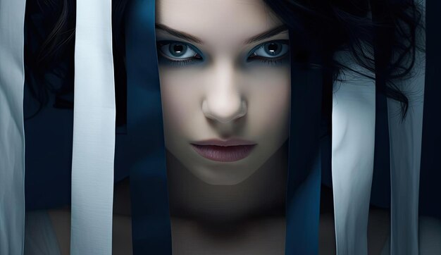 un visage de femme avec deux bandes bleues et noires dans le style d'un portrait épique