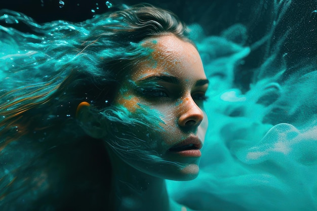Le visage d'une femme est couvert d'eau et du mot aqua.