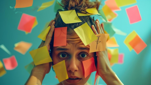 Photo le visage de la femme est couvert de notes de todo postit avec les mains saisissant les cheveux sur la tête