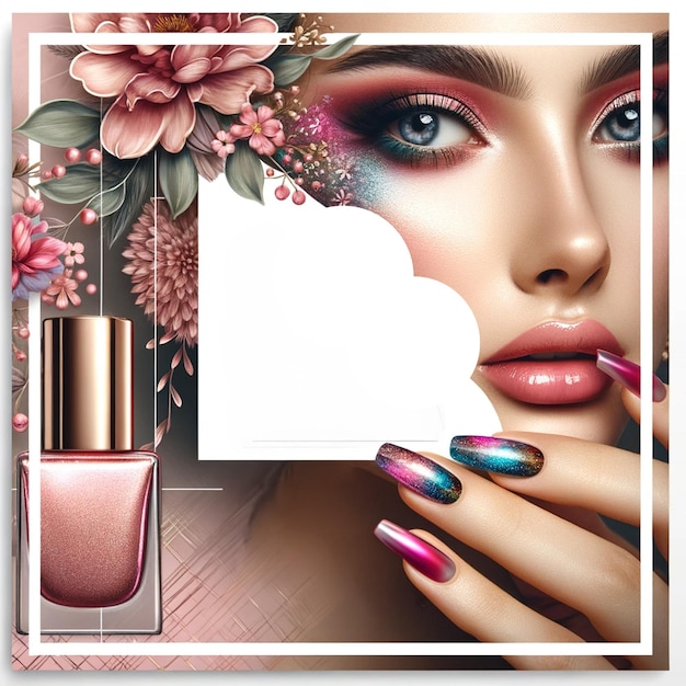 Photo le visage d'une femme est couvert de vernis à ongles rose et d'une bouteille de parfum rose.