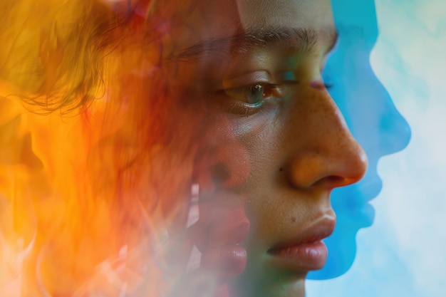 Photo le visage d'une femme est dépeint sur un fond multicolore vibrant. les couleurs se mélangent harmonieusement créant un visuel hypnotisant et artistique.