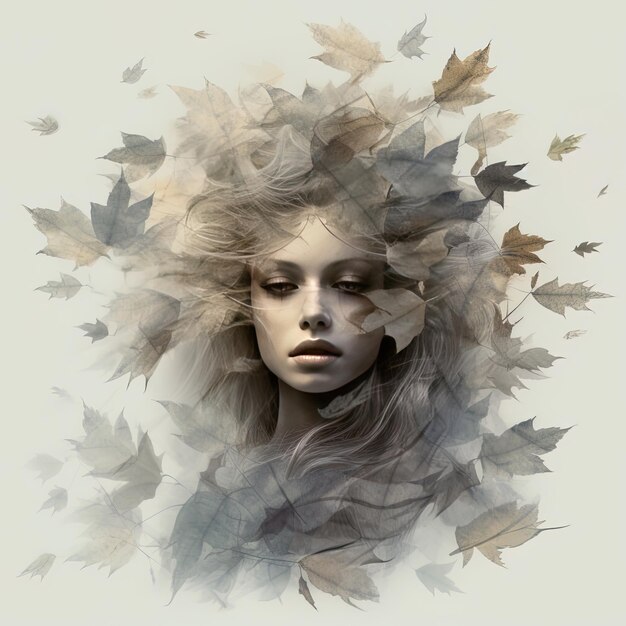 Photo le visage d'une femme est entouré de feuilles.