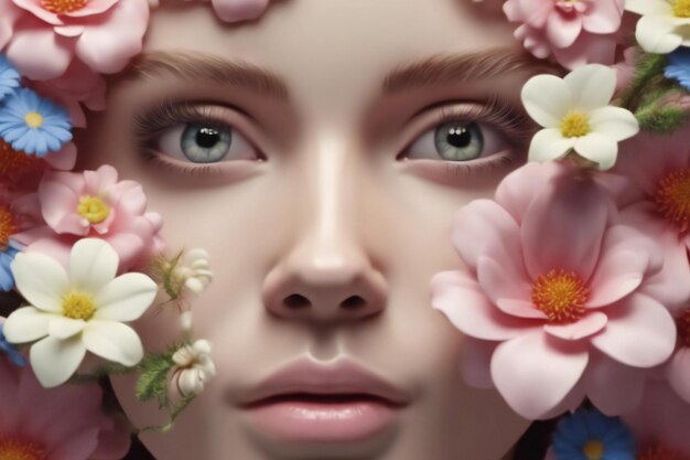 Le visage de la femme est entouré de fleurs.