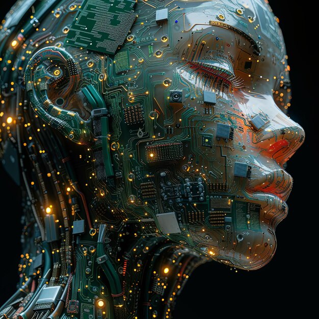 Photo le visage de la femme est fait de composants électroniques qui lui donnent une apparence futuriste et mécanique.