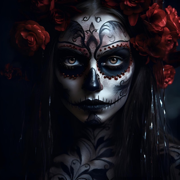 Photo le visage de la femme est maquillé dia de muertos halloween