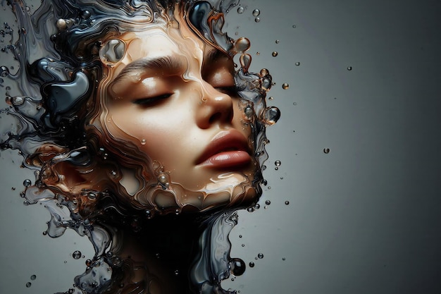 Le visage de la femme est peint avec des éclaboussures d'eau créant un unique