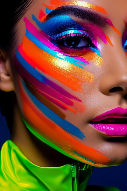 Le visage de la femme est peint avec de la peinture faciale multicolore