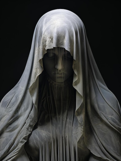Le visage d'une femme est représenté dans une pièce sombre.