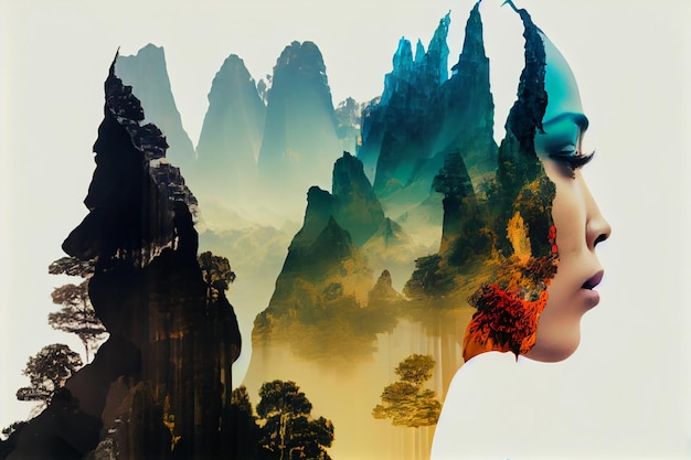 Le visage d'une femme est représenté avec des montagnes en arrière-plan.