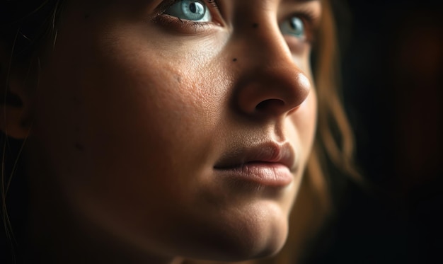 Le visage d'une femme est représenté avec des yeux bleus.