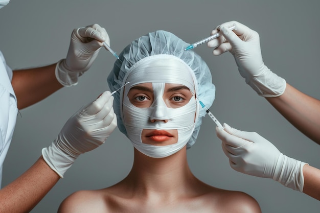 Le visage d'une femme est traité par un groupe de professionnels de la santé.