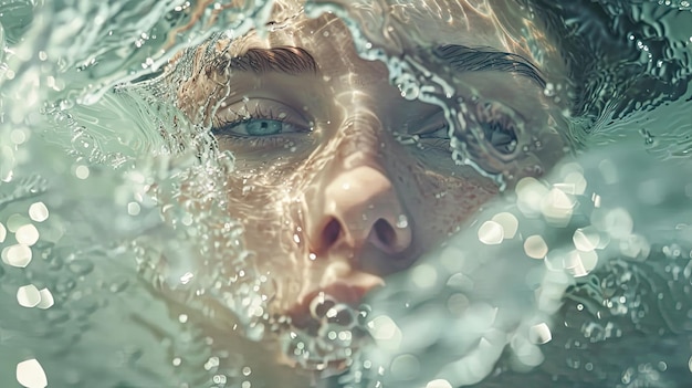 Le visage d'une femme éthérée émergeant de l'eau Photographie professionnelle