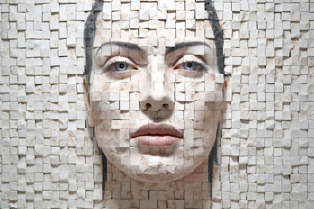 Photo visage d'une femme fait de carreaux de céramique blancs portrait d'une fille avec un visage peint