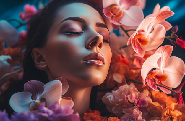 Photo le visage de la femme fermé les yeux dans les fleurs photo studio personne nature attrayante brune fraîche générer ai