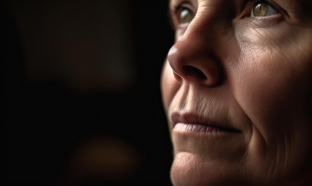 Un visage de femme avec un fond sombre et un fond sombre.