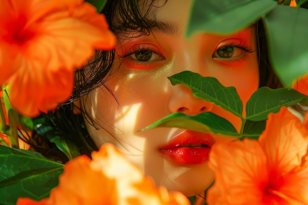 Le visage de la femme avec un maquillage spectaculaire et des lèvres brillantes vues à travers une fleur d'orange vibrante et des feuilles vertes