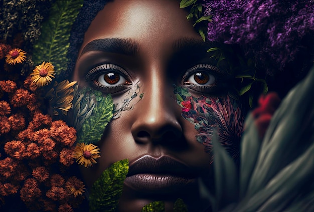 Visage de femme noire avec des fleurs et des feuilles sur son visage