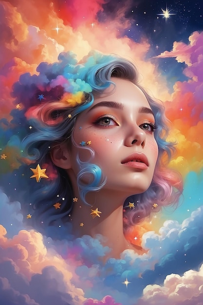 Un visage de femme avec des nuages colorés et des étoiles