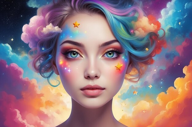 Un visage de femme avec des nuages colorés et des étoiles