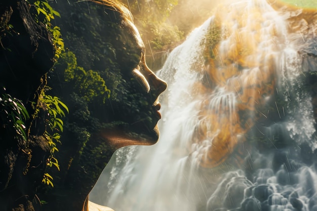 Le visage d'une femme se reflète dans l'eau d'une cascade