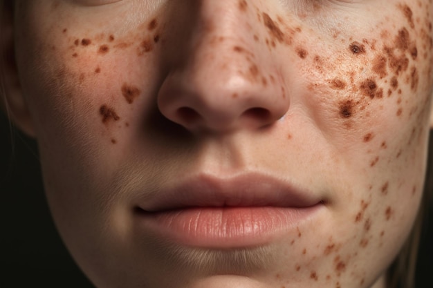 Le visage d'une femme avec des taches de rousseur et un fond sombre