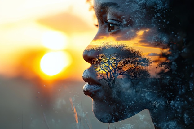 Le visage des femmes africaines se fond dans le paysage de la savane au coucher du soleil, Jour de la Terre