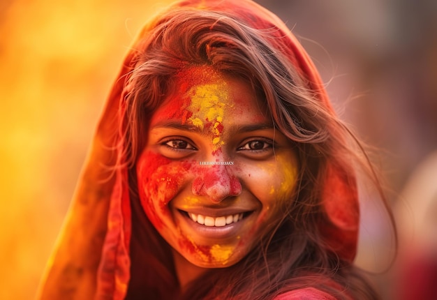 Le visage des femmes indiennes avec la couleur Holi